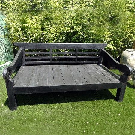 Beautiful black finish Balinese teak daybed for indoor or outdoor use. Custom cushions available in any Sunbrella fabric. MIXfurniture.com Pallet Couches, Pigeon Loft Design, Balinese Interior, Outdoor Living Patios, Gazebo Decorations, Vintage Trunk, Venice Florida, Daybed Covers, Cottage Inspiration