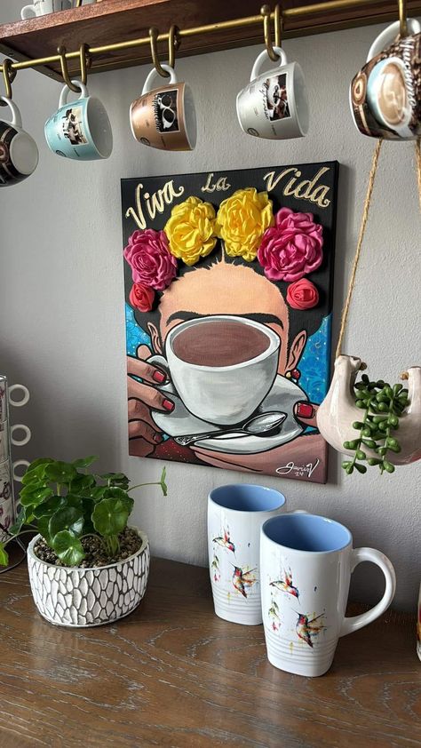 Frida Kahlo Decor Ideas, Mexican Paintings Ideas, Mexican Restaurant Decor, Vinyl Art Paint, Canvas Art Painting Abstract, Kahlo Paintings, Mexican Paintings, Frida Art, Coffee Shop Interior Design