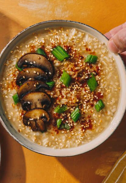 Congee Recipe, Oat Bowls, Salmon Roe, Steel Cut Oats, Roasted Mushrooms, Toasted Pine Nuts, James Beard, Eat To Live, Mushroom Recipes