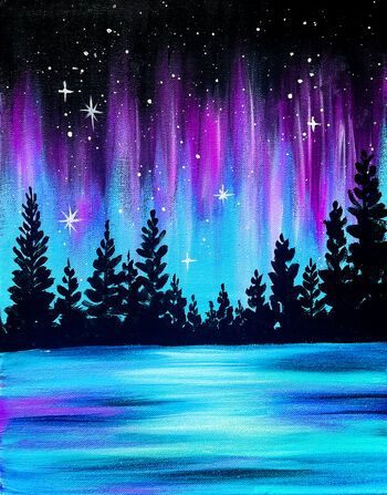 Winter Paint And Sip Ideas, Ruby Painting, Paint And Sip Ideas, Success Art, Learn Acrylic Painting, Kids Canvas Painting, Northern Lights Painting, Acrylic Art Projects, Pastel Sec