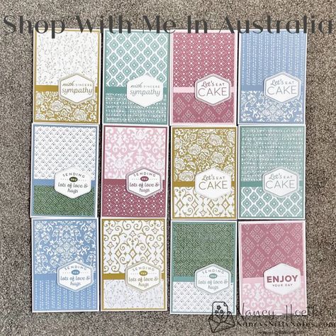 Simple cards that show off all the patterns in a pack of DSP.    #stampinup #stampinupaustralia #handmadecards #cardsofinstagram #nancysniftynotes Poetic Expressions Dsp Stampin Up Cards, Dsp Stampin Up Cards, Dsp Cards, Fancy Fold Card Tutorials, Treat Holders, Envelope Punch Board, Punch Board, Card Crafts, Treat Holder