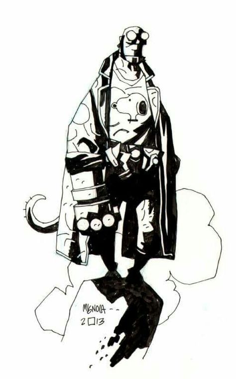 H.B. likes Snoopy. Sketchbook Character Design, Mignola Art, Mike Mignola Art, Hellboy Tattoo, Hellboy Art, Severed Head, Mike Mignola, Dark Comics, Creature Artwork