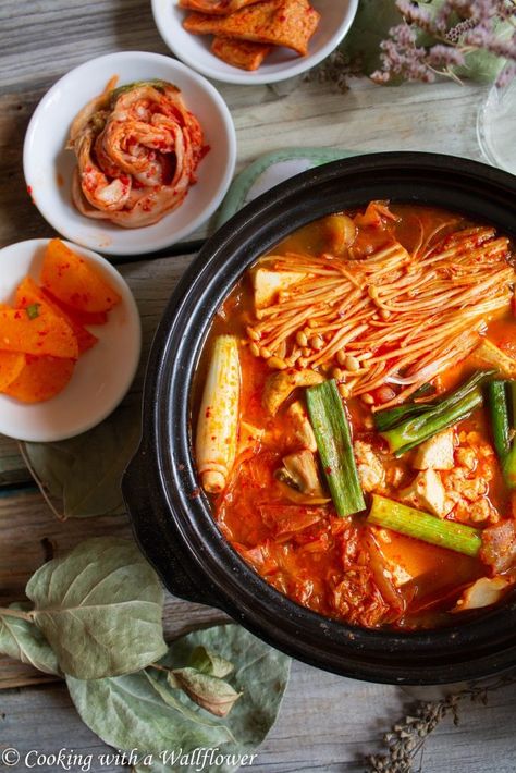 Korean Style Spicy Vegetable Tofu Soup - Cooking with a Wallflower Spicy Tofu Soup, Korean Tofu, Korean Vegetables, Korean Chili Flakes, Tofu Soup, Chinese Cabbage, Dinner At Home, Sliced Mushrooms, Vegetable Soup