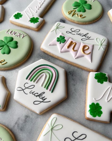 1st Birthday March Themes, First Birthday March, Lucky One Birthday Cookies, Lucky One Cookies, Lucky One Birthday Party Girl, March First Birthday Ideas Girl, Lucky One First Birthday Girl, March Birthday Party Ideas, Shamrock Cookies