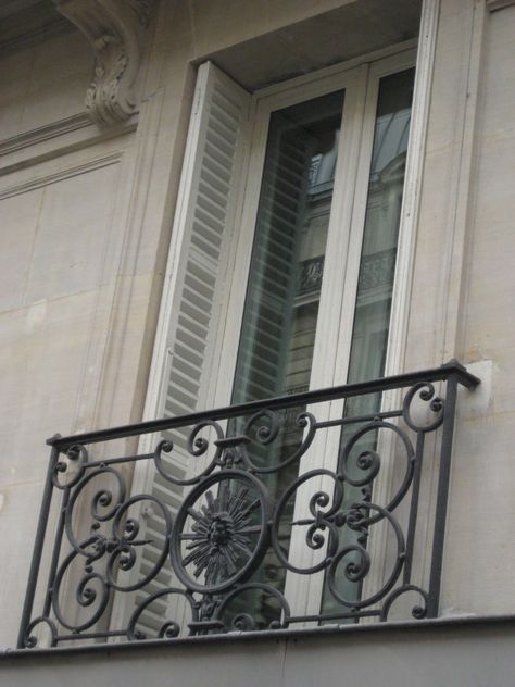 Paris Wrought Iron Windows Design, Paris Balcony, Row House Design, Railing Designs, Wrought Iron Stair Railing, French Balcony, Wood Floor Design, House Window Design, Neoclassical Design