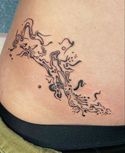 Funky Line Art Tattoos, Goddess Of Water Tattoo, Solid Black Cover Up Tattoo, Fire Back Tattoo, White Ink Tattoos On Dark Skin, Abstract Linework Tattoo, Thick Lined Tattoos, Nature Based Tattoos, Water Art Tattoo