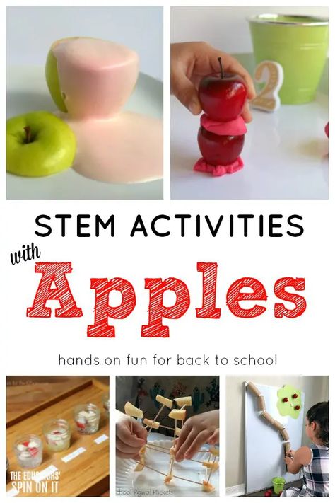 STEM activities with Apples for back to school STEM. Hands on activities that are school themed as you child starts school this year. Stem Activities For Toddlers, Fall Science Activities, Fall Stem Activities, Stem Activities For Kids, Fall Science, Preschool Stem, Stem Lab, Apple Stem, Apple Activities