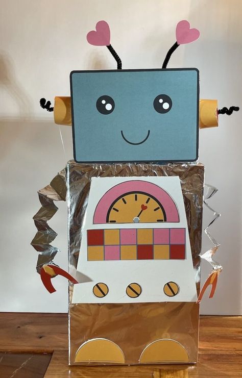 Kindergarten Robot Project, How To Make A Robot Out Of Boxes, Robot Box Craft, 3d Robot Project, Robot Valentine Cards, Robot Template, Craft For Valentines Day, Shape Robot, Robot Valentines