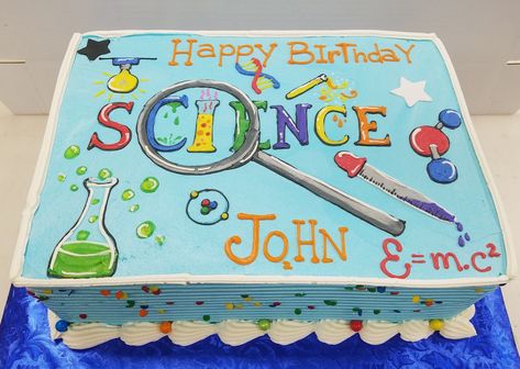 Buttercream drawn science themed birthday cake with primary color sprinkles along the sides Science Cakes Birthday Boys, Science Themed Cake, Science Birthday Cake, Science Cake, Science Party Decorations, Dj Cake, Science Birthday Party Ideas, Birth Cakes, Scientist Birthday Party