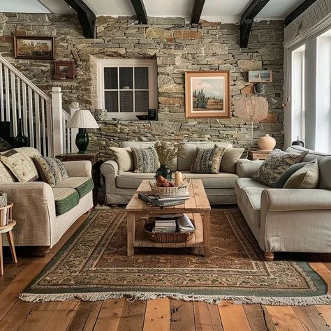 🌿 Embark on a Cozy Journey: A Living Room Tale 🛋️✨  Swipe left and step into the enchanting world of rustic serenity! Immerse yourself in the embrace of cottage core vibes, where green and beige hues dance with the timeless elegance of stone walls. 🏡💚✨  Explore the artful interplay of fabric, rustic charm, and the warm allure of light and dark brown tones.  Ready to infuse your space with the romance of country living? Dive in and let the journey begin! 🌾 Created using Ai #CottageCoreLi... Stone Wall In Living Room, Stone Accent Walls In Living Room, House Aestethic, Stone Wall Living Room, Green House Exterior, Cottage Core Vibes, Stone Accent Walls, Stone Walls, Beautiful Spaces