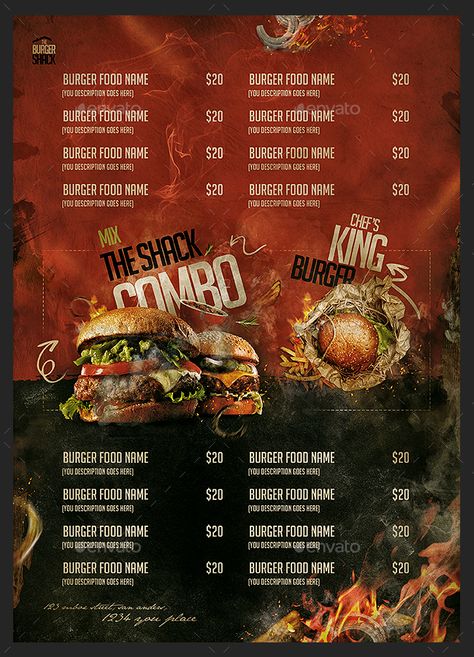 Burger Menu Ideas Graphic Design, Burger Menu Design Layout, Menu Design Burger, Burger Menu Design, Burger Flyer, Pizza Menu Design, Burger Shack, Resep Burger, Menu Design Layout