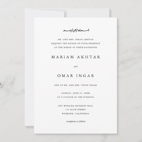 $2.92 | Elegant Black Islamic Nikah Muslim Formal Wedding #wedding, nikah, walima, bismillah, muslim, modern, elegant, minimalistic, simple, black and white Nikah Invitation Cards, Wedding Card Writing, Islamic Wedding Card, Pakistani Wedding Cards, Simple Wedding Invitation Card, Fancy Wedding Invitations, Wedding Invatations, Formal Wedding Invitation, Nikah Decor