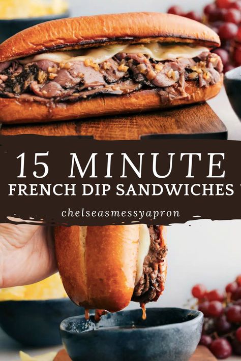 Easy French Dip Sandwiches are one of my go-to weeknight meals! Deli roast beef on toasty buttered buns with melty cheese — does it get any better than this?! #dinner #best #quick #easy #simple #frenchdip #sandwiches Deli Meat French Dip Sandwich, Easy Beef Dip Sandwiches, Roast Beef Dip Sandwiches, Quick French Dip Sandwich, Recipes With Deli Roast Beef, Deli Roast Beef French Dip Sandwich, Baquette Bread Sandwich, Roast Beef On A Bun, Easy French Dip Sandwiches Deli Meat