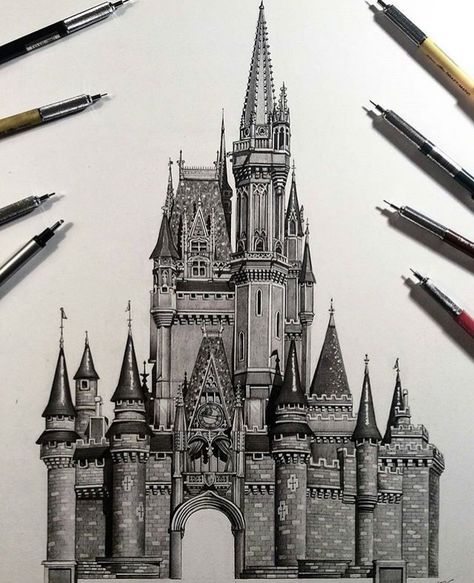 Disney Castle Tattoo Design, Castle Drawing Sketches Design Reference, Valhiem Castle, Disney Castle Sketch, Disney Castle Art, Drawing Ideas Disney, Disney Castle Drawing, Disney Castle Tattoo, Castle Sketch