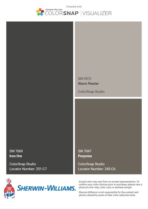 Outdoor Color Palette Exterior Houses, Griffin Sherwin Williams Exterior, Brown House Exteriors, Dark Taupe Exterior House Colors, Dark Taupe House Exterior, Warm Pewter Sherwin Williams, Urban Bronze Color Palette, Sherwin Williams Exterior Paint Schemes, Charcoal Color Palette