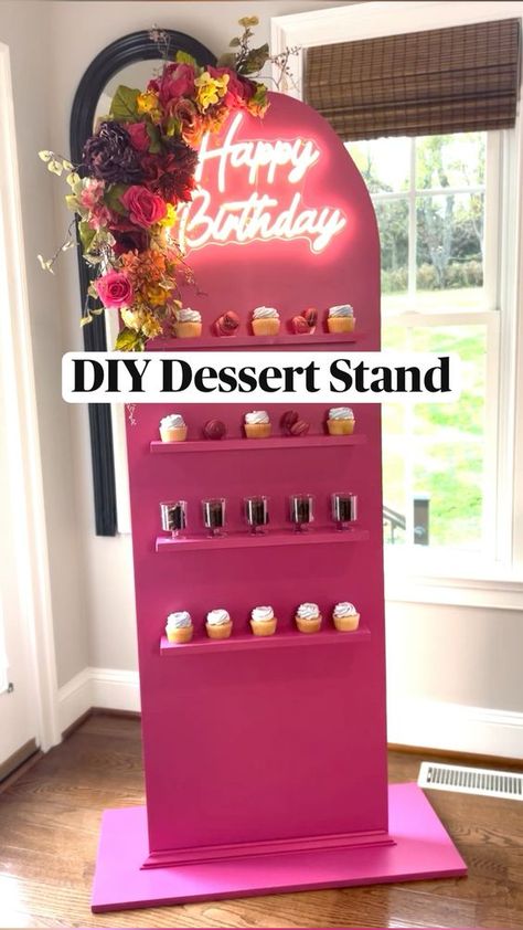 I repurposed my DIY Candy Stand to make this dessert stand! Check out the full tutorial on my blog! Dollar Store Dessert Stand, Diy Treat Stand Display, Pastry Stand Display, Diy Snack Bar Stand, Diy Party Favor Stand, Diy Chip Display, Diy Candy Bar Stand, Diy Cricut Stand, Cotton Candy Stand Display Diy