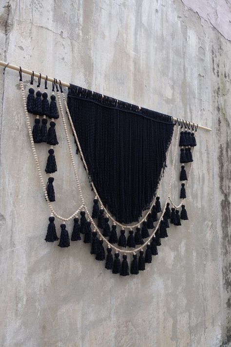 Tassels Black Wall Hanging, Gothic home decor, boho tassels garland decoration, macrame headboard Black Wood Headboard, Black Boho Decor, Black Wall Hanging, Boho Tassels, Curtain Store, Macrame Headboard, Black Wall Decor, Garland Decoration, Black Macrame