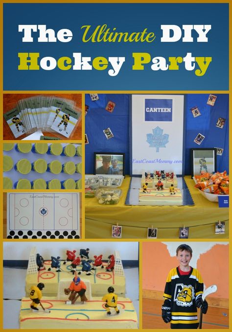 This post is full of unique, easy and inexpensive DIY details. So much fun! Hockey Jamboree Ideas, Hockey Party Decorations Diy, Kids Hockey Birthday Party, Hockey Birthday Party Games, Hockey 3rd Birthday, Hockey Birthday Parties, Hockey Kids, Hockey Party, Hockey Birthday