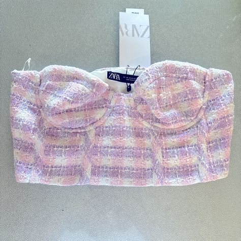 Strapless Pink And Purple Patterned Zara Crop Top. Size M. Zipper On Side Easy To Put On. New With Tags!! Concert Tops, Tweed Crop Top, Zara Tweed, Bandeau Crop Top, Strapless Bustier, Pink Tweed, Strapless Crop Top, Corset Crop Top, Zara Crop Top