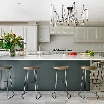 Dark Gray Kitchen Island with Restoration Hardware Remy Stools - Transitional - Kitchen - Benjamin Moore Iron Mountain Kitchen Dark Gray Cabinets, Downpipe Kitchen, Dark Gray Cabinets, Dark Grey Kitchen Cabinets, Light Grey Kitchen Cabinets, Cabinets Gray, Gray Backsplash, Kitchen Dark, Light Grey Kitchens