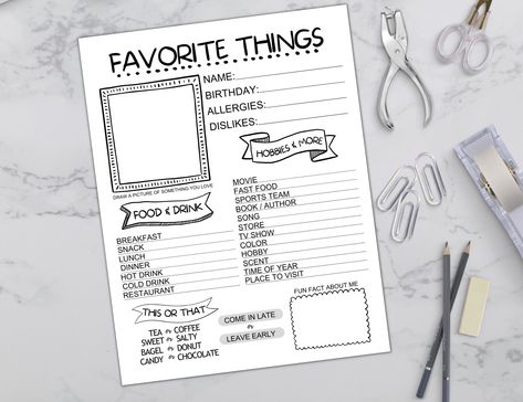 "Printable Employee Favorites List, My Favorite Things List, All About Me Perfect for the Office, School, Parties etc.. Get to know your coworkers, class, family and friends with this print and fill in List.  Easy, Print as many as you need! ▼HOW TO DOWNLOAD▼ . YOU WILL GET AN EMAIL WITH A LINK TO THE DOWNLOADS - FROM ETSY (OR YOU CAN FIND THE DOWNLOAD LINK IN YOUR ETSY ORDERS SECTION) ▼WHATS INCLUDED▼ . YOU WILL GET 1 PDF FILE 8.5\" x 11\"  ▼HOW TO USE THIS ITEM▼ . PRINT ON HOME OR OFFICE PRINT Get To Know Your Coworkers, All About Me Questionnaire, My Favorite Things List, Class Family, Office Printers, Office Prints, All About Me, Favorites List, School Parties