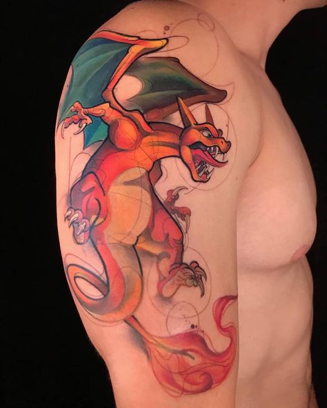 Throwback Pokèmon piece by @thejorell!⁣ Charizard Tattoo, Best Tattoo Ever, Tattoo Apprenticeship, Full Back Tattoos, Fire Breathing Dragon, Pokemon Tattoo, Leg Tattoo, Choose Wisely, Tattoo You