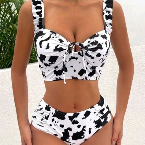 Cow Print Ruffle Trim Knot Front Bikini Swimsuit 82% Polyester 18% Elastane Cow Swimsuit, Country Swimsuit, Cow Print Swimsuit, Western Wear Outfits, Cute Country Outfits, Swimsuits Outfits, Swimming Suit, Beachwear Fashion, Cute Bathing Suits