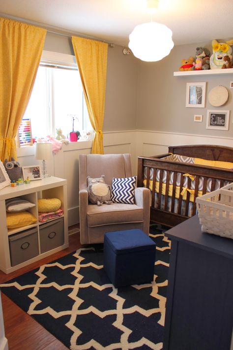 a little too much yellow for me but I love this color scheme Yellow And Navy Nursery, Blue And Yellow Nursery Boy, Yellow And Blue Nursery, Blue And Yellow Nursery, Vibrant Nursery, Small Baby Nursery, Yellow Boy Nursery, Brown Crib, Boy Nursery Colors