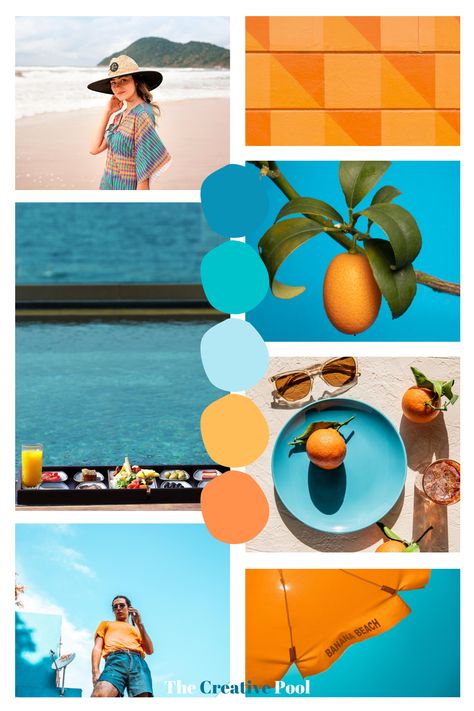 A bright orange and teal color scheme inspired by a hot summer day | Follow for more color inspo! #moodboard #branding #colorpalette #colorinspiration #brandcolors Mood Boards Ideas, Teal Mood Board, Wedding Colour Palettes, Moodboard Branding, Mood Board Layout, Summer Mood Board, Branding Mood Board Inspiration, Moodboard Wedding, Brand Colors Inspiration