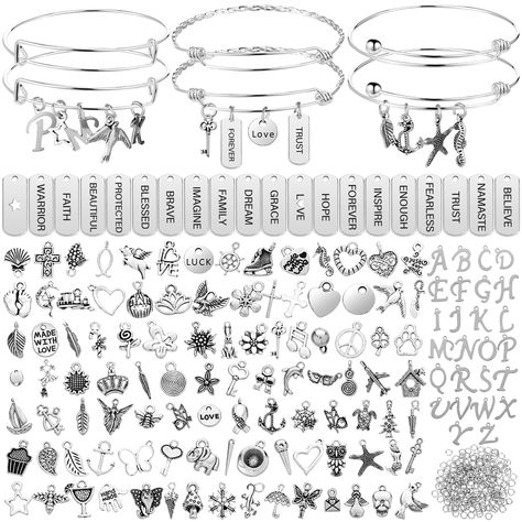 PRICES MAY VARY. Bracelets making kit: the package comes with 17 pieces expandable bangle bracelets, 100 pieces Tibetan silver charms, 26 pieces capital letter pendants, 20 pieces inspirational word charms and 200 pieces open jump rings, 363 pieces in total, a whole set makes it easy to create all kinds of jewelry crafts as you want Adjustable bangles: each wire blank bangle measures 65 mm/ 2.6 inch in diameter, featuring 3 different styles, all simple and elegant, well-matched and adjustable, s Charm Bracelet Making, Bracelet Making Kit, Bracelets Making, Diy Bangle Bracelets, Expandable Bangle Bracelet, Diy Charm Bracelet, Bracelets Diy, Wire Bangles, Adjustable Bangle