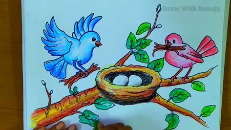 Bird Nest Drawing, Nest Drawing, Easy Bird, Drawing Simple, Bird Painting, Step By Step Painting, Step Drawing, Drawing Easy, Bird Nest