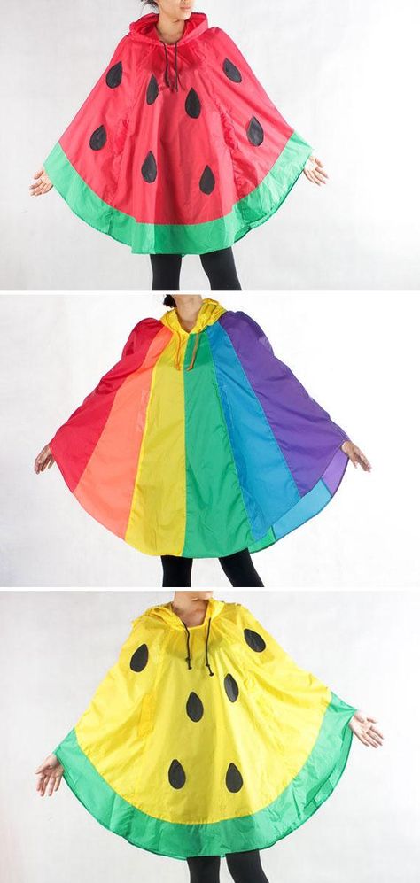 The Bangkok-based designers behind ILoveNoNameShop make ponchos cheerful enough to brighten up any rainstorm. #etsyfinds Rainbow Poncho, Cape Diy, Cape With Hood, Rain Accessories, Rainbow Bag, Rain Poncho, Poncho Cape, Summer Diy, Festival Looks