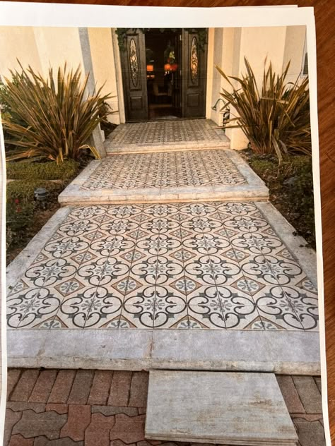 Mosaic Tiles Front Porch, Tiled Front Walkway, Outdoor Tile Front Entry, Decorative Outdoor Floor Tiles, Peel And Stick Concrete Tile, Beautiful Entrances Entryway, Patio Tiles Outdoor Flooring Modern, Tiles Outside House, Front Porch Tile Ideas Over Concrete