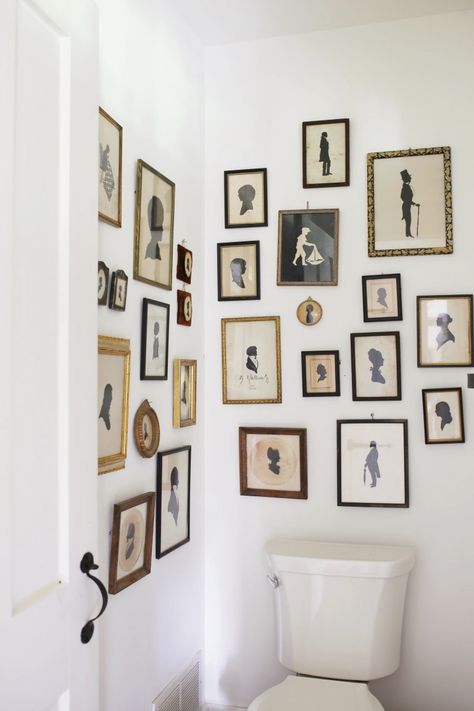 Silhouette Gallery Wall – Megan Miller Small Bathroom Gallery Wall, Small Water Closet, Mini Pictures, Bathroom Gallery Wall, Megan Miller, Benjamin Moore White, Bathroom Gallery, Basket Uses, Water Closet