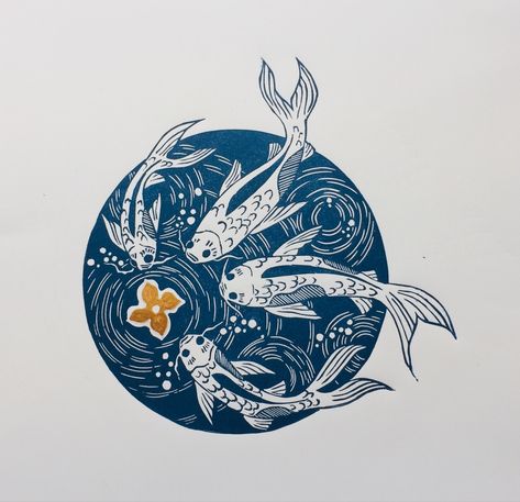 Koi Block Print, Koi Fish Linocut, Koi Linocut, Exlibris Ideas, Koi Fish With Cherry Blossom, Cute Linocut, Fish Linocut, Lino Print Artists, Lino Ideas