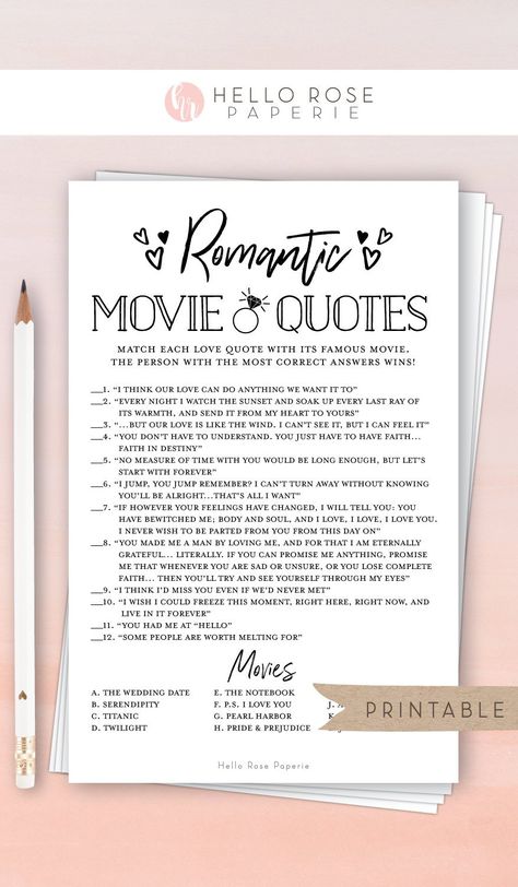 Rom Com Bridal Shower Theme, Movie Love Quotes Game, Bridal Shower Quotes, Moh Duties, Quote Movie, Shower Quotes, Bridal Logo, Outdoor Bridal Showers, Beach Bridal Showers