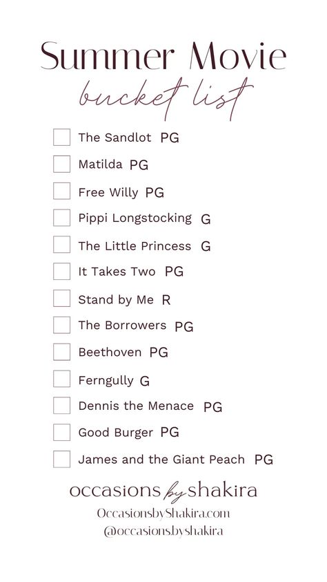 If you’re looking for some good summer movie inspo, download this FREE movie bucket list printable! Sandlot Movie Night, Movie Bucket List, Sandlot Movie, Movie Night Essentials, Outdoor Movie Night, Bucket List Printable, Movie In The Park, Free Willy, Movies To Watch Teenagers