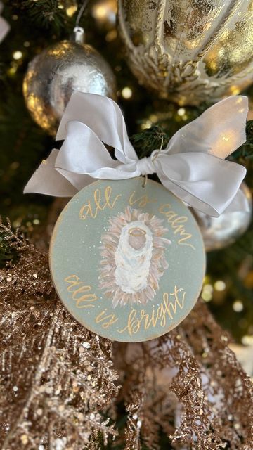 Painted Cross Ornament, Nativity Painted Ornament, Painted Acrylic Ornaments Diy, Extra Ornament Ideas, Jesus Ornaments Diy, Diy Hand Painted Ornaments, Handprint Ornaments For Kids, Baby Christmas Ornaments Diy, Circuit Ornaments