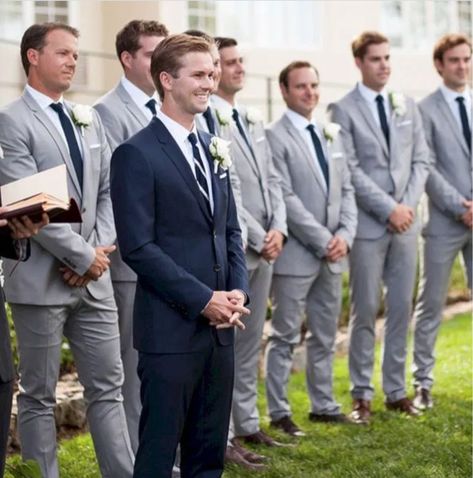 Jasen: Navy suit; Groomsmen & Officiant: Light grey suits w/ navy satin ties, brown shoes & belts Light Grey Suit Navy Tie, Grey Suit Navy Tie Wedding, Navy Groom And Grey Groomsmen, Navy Suit Grey Tie, Groomsmen Dark Grey Suit, Navy Groom Grey Groomsmen, Navy Blue And Light Grey Wedding, Navy And Grey Groomsmen, Navy And Grey Suit