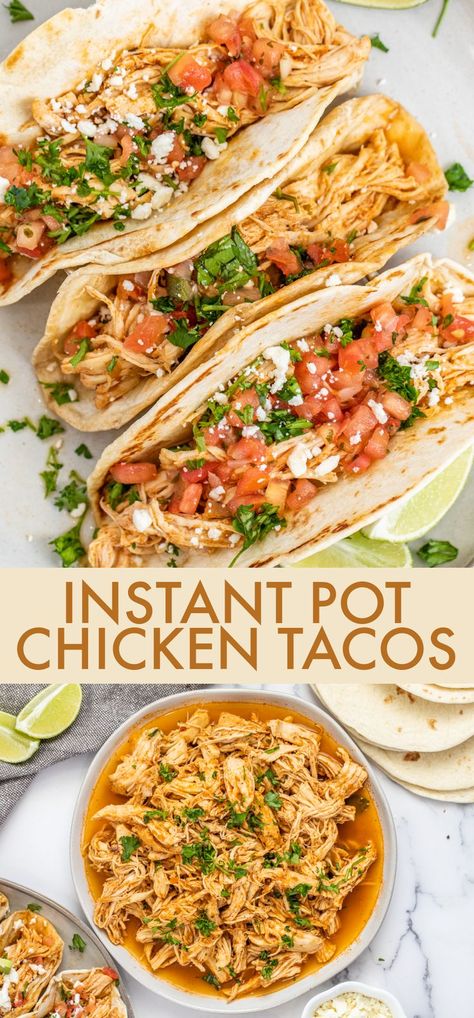 These Instant Pot Chicken Tacos make for the easiest tacos! With just 4 simple ingredients and 15 minutes you can have these tender and juicy shredded chicken ready for tacos. Chicken Taco Instapot, Insta Pot Taco Chicken, Instant Pot Chicken Street Tacos, Instapot Shredded Chicken Taco, Low Calorie Chicken Tacos, Insta Pot Chicken Tacos, Shredded Chicken Recipes Instant Pot, Instapot Chicken Tacos, Shredded Chicken Tacos Instant Pot