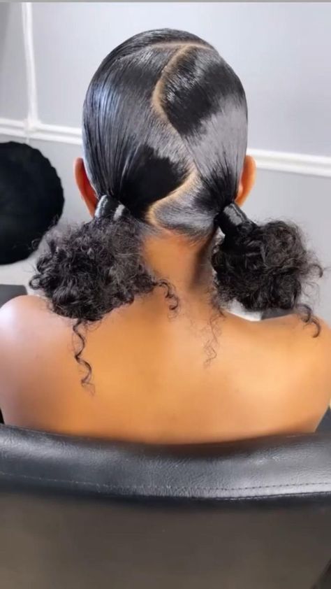 Curly Ponytail Styles For Black Women, Two Low Curly Buns With Weave, Two Low Buns With Weave, Sleek Messy Bun Black Women, Sleek Natural Hairstyles Low Buns, Big Bun Hairstyles Black Women, Low Puffy Ponytail, Two Low Buns Hairstyle Curly Hair, Four Buns Hairstyle