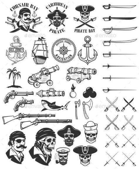 Pirates Design Elements. Corsair Skulls, Weapon - Miscellaneous Vectors Pirate Tattoo Simple, Small Pirate Tattoo, Pirates Tattoo Ideas, Pirate Tattoo Ideas, Pirate Tattoo Design, Pirates Design, Pirate Skull Tattoos, Dr Tattoo, Pirate Ship Tattoo