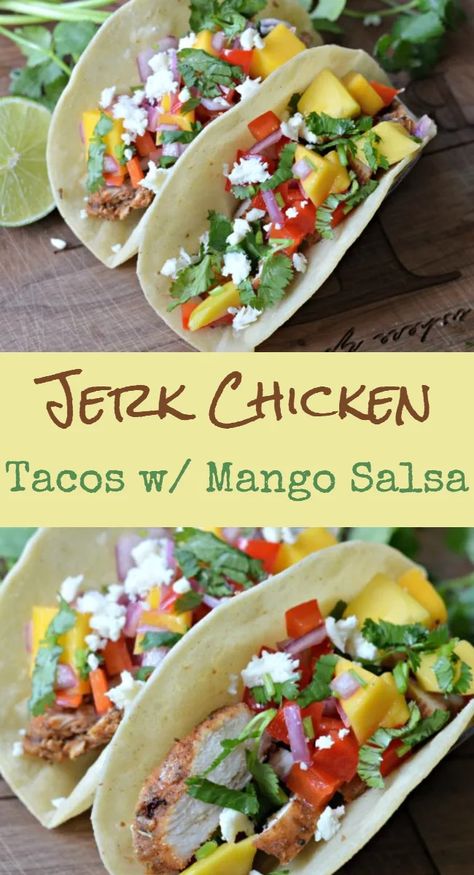 Delicious Jerk Chicken Tacos with Mango Salsa - My Latina Table Chicken Tacos With Mango Salsa, Mango Dishes, Jerk Chicken Tacos, Tacos With Mango Salsa, Read In English, Mango Chicken, Latin Recipes, Chicken Wrap Recipes, Crock Pot Tacos