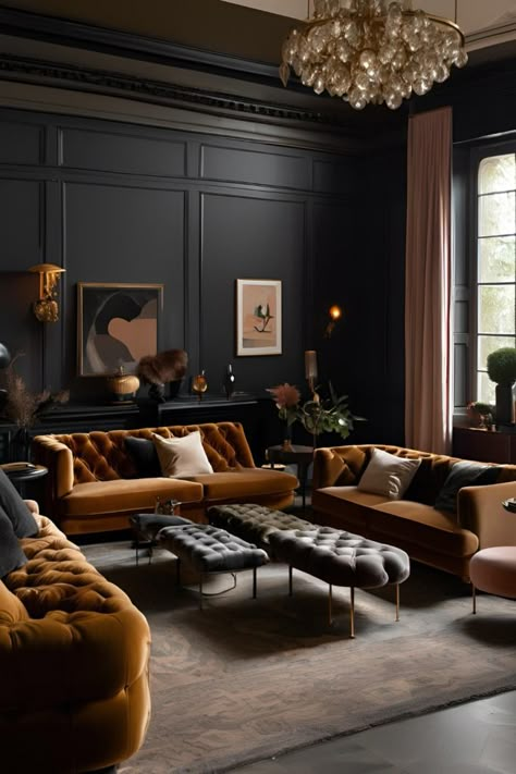 Trend Alert: Dark and Moody Interiors - Sample Board Black Lounge Room, Dark And Moody Apartment, Dark Piano Room, Dark Moody Rooms Interior Design, Dark Moody Vintage Living Room, Dark Moody Family Room, Moody Speakeasy Room, Dark Art Deco Interior, Dark And Moody Basement