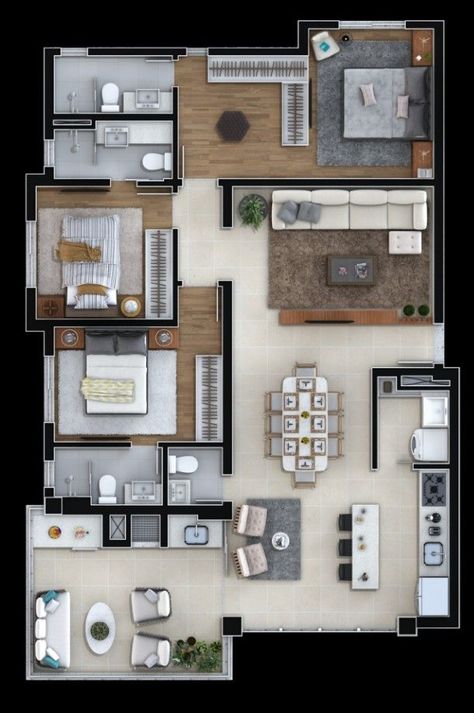 Plan 2d, Wohne Im Tiny House, Pelan Rumah, 3d House Plans, House Plans Mansion, 3d Floor Plan, House Floor Design, Apartment Floor Plans, Home Design Floor Plans