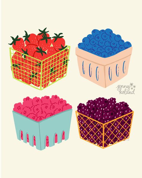 Wrapping up my berry baskets with blackberries! I love these four illustrations together and think they would make a super cute set of art prints. What do you think? Where would you want to see these come to life? #blackberries #blackberryillustration #berryillustration #fruitillustration #artlicensing #artforlicensing Fruit Basket Illustration, Fruit Illustration Design, Blackberry Illustration, Berry Drawing, Berry Illustration, Basket Illustration, Berry Baskets, Fruit Illustration, Iphone Lockscreen