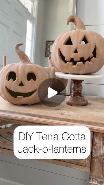 Katie Sharpe | DIY Tutorials | Home Decor | Interior Design on Instagram: "DIY Terra Cotta Jack-o-lanterns 

I transformed these $4 thrifted jack-o-lanterns to mimic terra cotta.

I used air-dry clay to elongate the stems and then painted them with a mix of white, raw sienna, and territorial beige acrylic paints from Hobby Lobby mixed with baking soda. Lastly, after they dried I rubbed more baking soda on top! 

You can check out my pumpkin highlight for more details!
 
This is an easy and inexpensive DIY!

Have you started decorating for Halloween yet?

#halloweendecor #halloweendiy #diy #potterybarndupe #dupe #potterybarn #jackolantern #bakingsodapaint #paintedpumpkins #spookyseason👻 #reelsinstagram #reelitfeelit #halloweenreels #diyreels #thriftstorefinds #thriftflip #thrifted #neutral Fall Decor Simple, Pumpkin Flour, Rub And Buff, Ceramic Pumpkins, Decorating For Halloween, Old Time Pottery, Raw Sienna, Orange Ceramic, Old Pottery