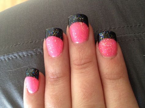 Hot pink nails with black tips and iridescent sparkles. :) minus the sparkles! Hot Pink Nails With Black, Pink Nails With Black Tips, Nails With Black Tips, Nails With Black, Pink Tip Nails, Pink French Nails, Black Tips, Nail Board, Hot Pink Nails