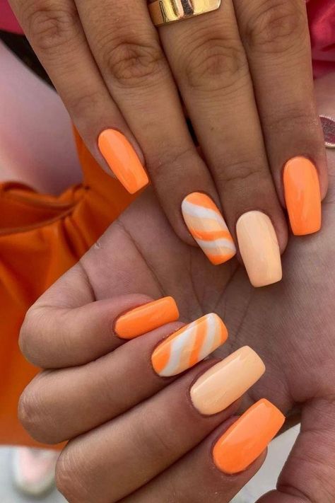 Orange Creamsicle Nails, Creamsicle Nails, Nail Art Orange, Simple Nails Design, Bright Orange Nails, Summer Nails Neon, Pumpkin Spice Nails, Easy Nail Designs Summer, Neon Orange Nails