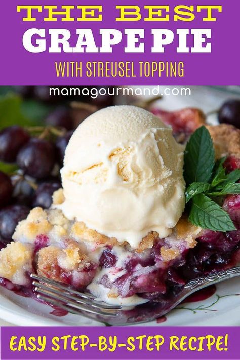 Learn how to make the best Concord Grape Pie with an easy-to-follow, family recipe. Grape pie with streusel topping has easy, step-by-step instructions full of tips and tricks for making homemade grape pie filling. #grapepie #concord #recipe #filling #red Concord Grape Cobbler, Concord Grape Pie Recipe, Concord Grape Pie Filling, Grape Pie With Crumb Topping, Concord Grape Recipes Desserts, Grape Desserts Easy, Concord Grape Recipes Easy, Grape Pie Recipe Easy, Fresh Grapes Recipes